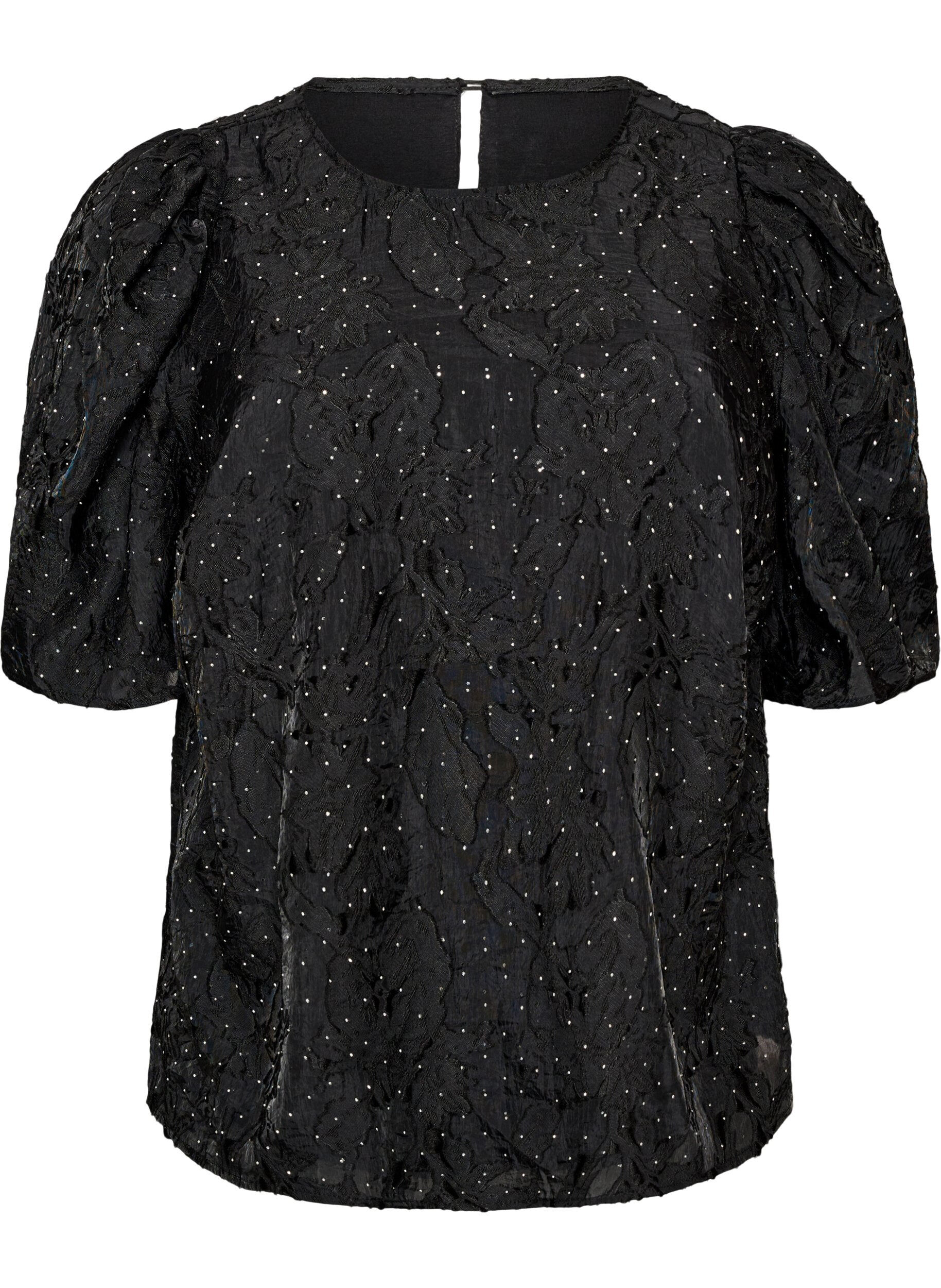 ZizziJacquardbluse mit funkelnden Details und Puff&auml;rmeln, Schwarz, Packshot image number 0