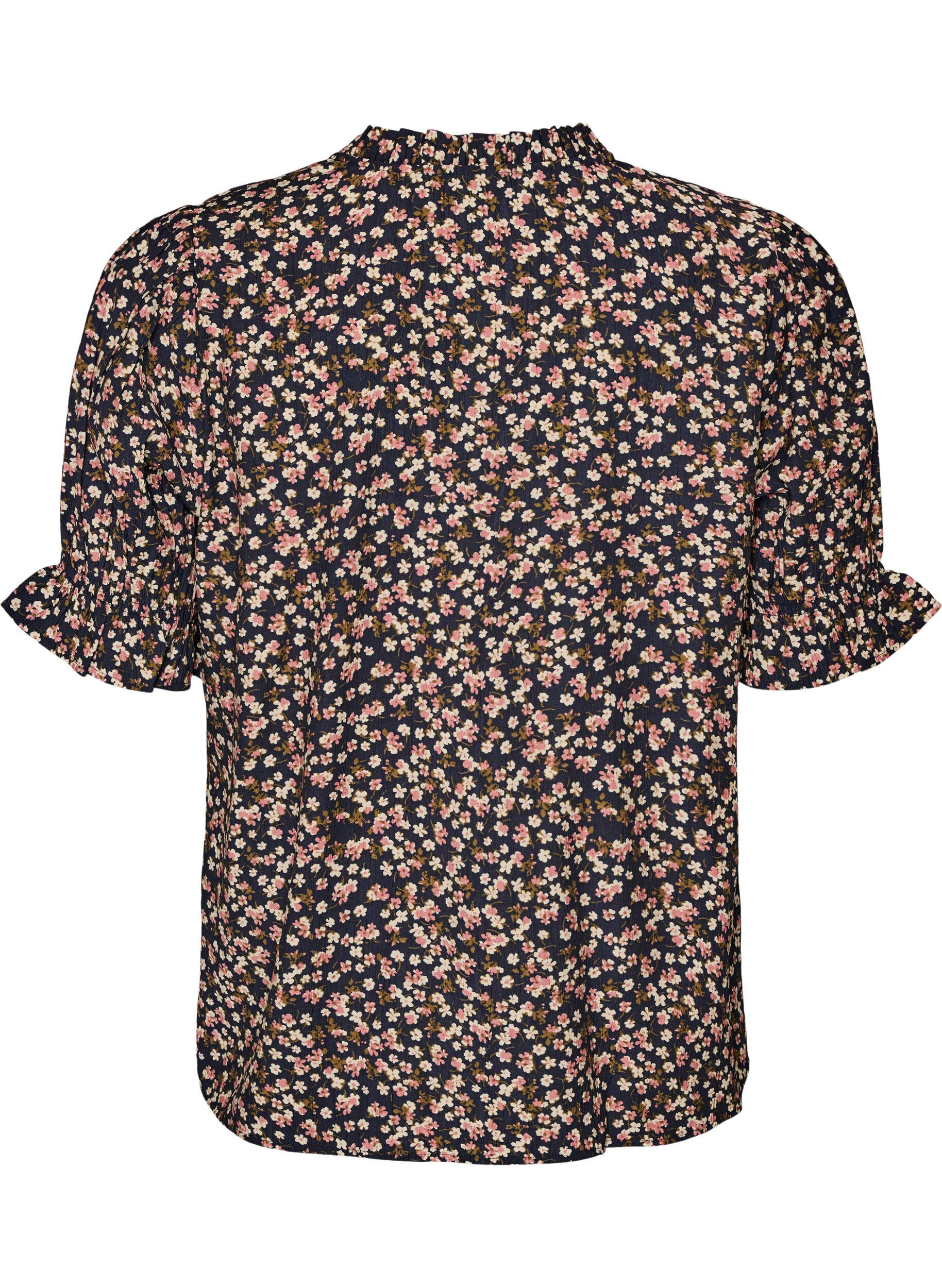 ZizziGebl&uuml;mte Bluse aus Viskose mit kurzen &Auml;rmeln und Smockdetails, Blau, Packshot image number 1