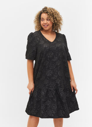 Kurzärmeliges Kleid mit V-Ausschnitt und floraler Textur, Black, Model image number 0