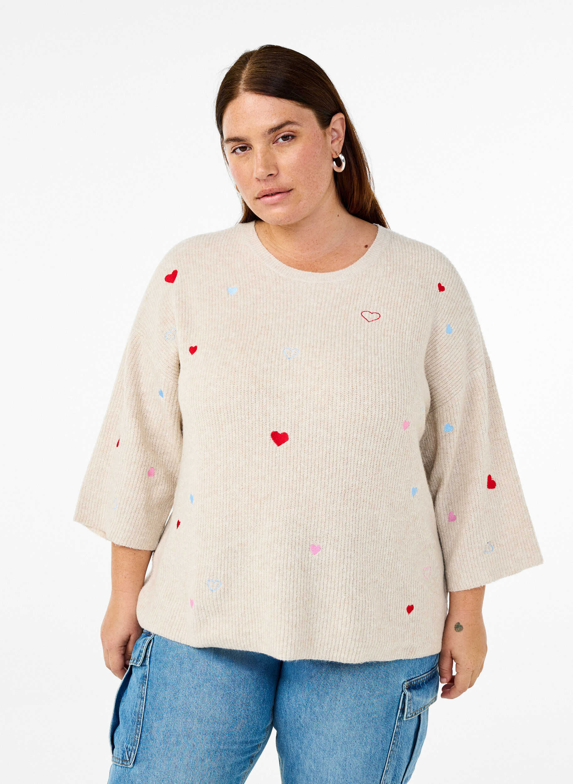 ZizziStrickbluse mit Herzen und 3/4-&Auml;rmeln, Beige, Model image number 0