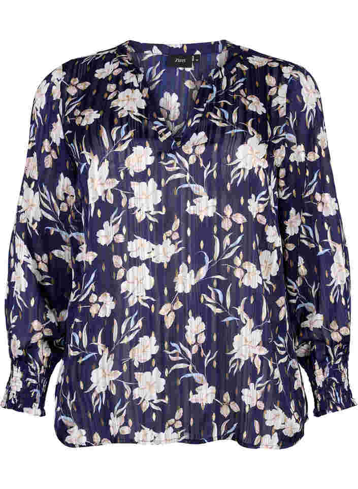 Bedruckte Bluse mit Smock und V-Ausschnitt, Blue Flower, Packshot image number 0
