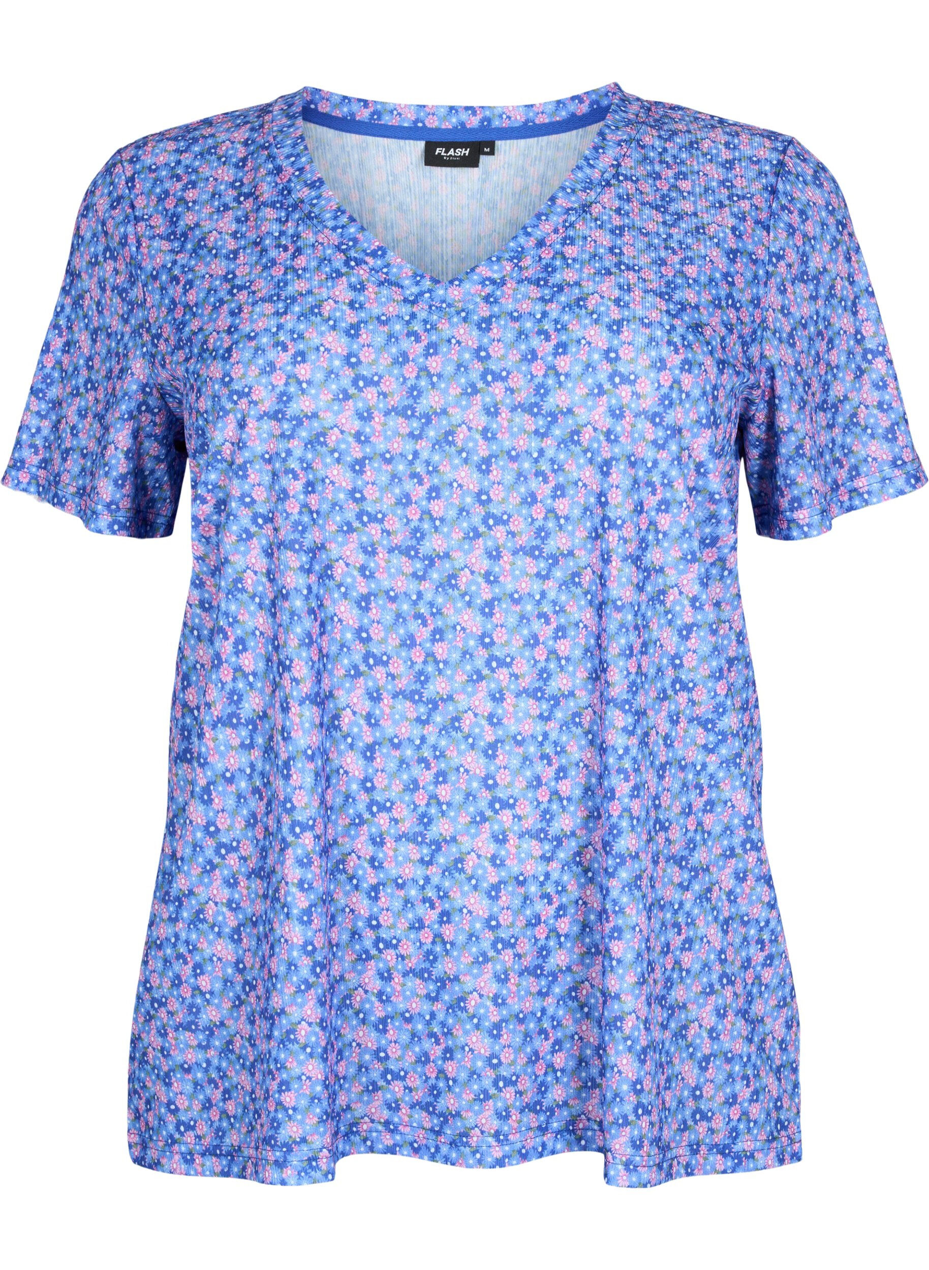 ZizziFLASH - Bedrucktes T-Shirt mit V-Ausschnitt, Blue Rose Ditsy, Packshot image number 0