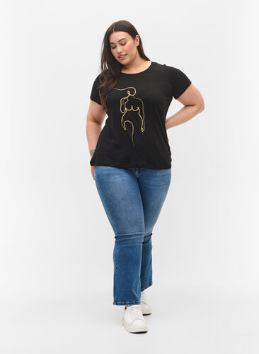 Bedrucktes Baumwoll-T-Shirt, Black w. Gold Foil , Model image number 2