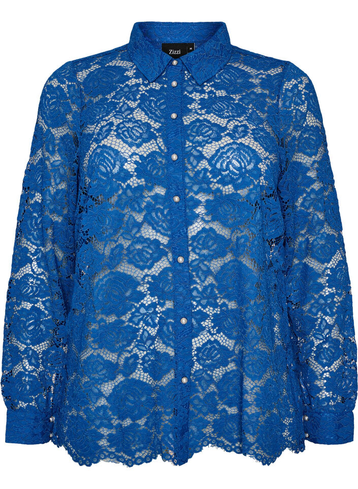 Spitzenbluse mit Perlenkn&ouml;pfen, Blau, Packshot image number 0