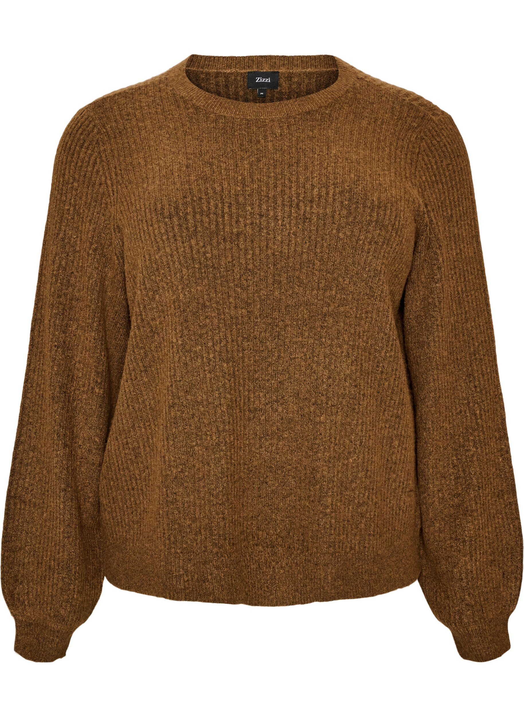ZizziGerippter Pullover mit Ballon&auml;rmeln, Braun, Packshot image number 0