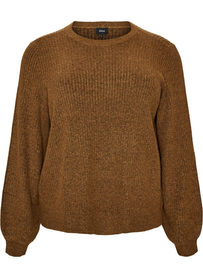 Gerippter Pullover mit Ballon&auml;rmeln, Braun, Packshot image number 0
