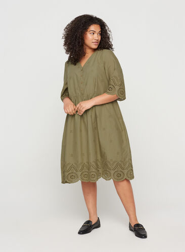 Kurzarm Kleid aus Baumwolle mit Lochstickerei, Aloe, Model image number 0