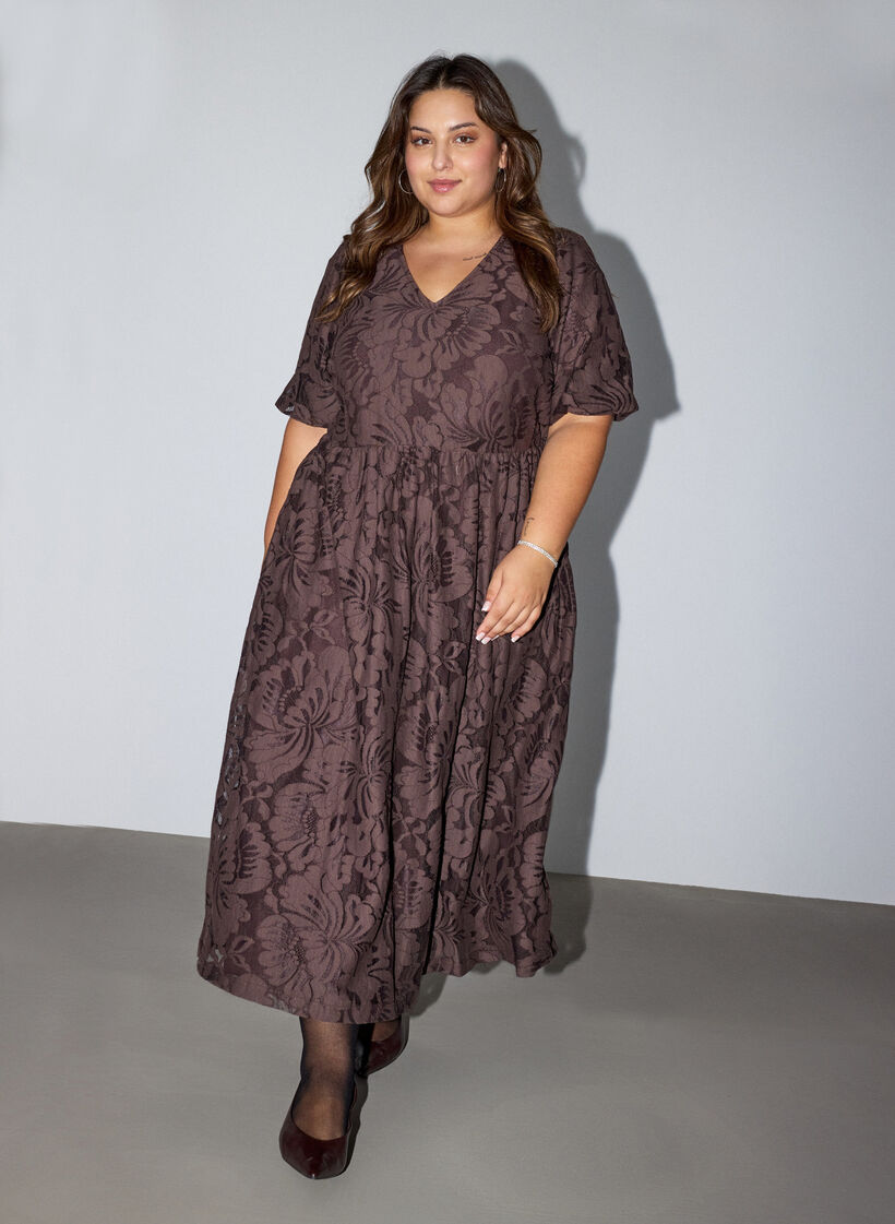 Midikleid aus gebl&uuml;mtem Jacquard, Braun, Model image number 0
