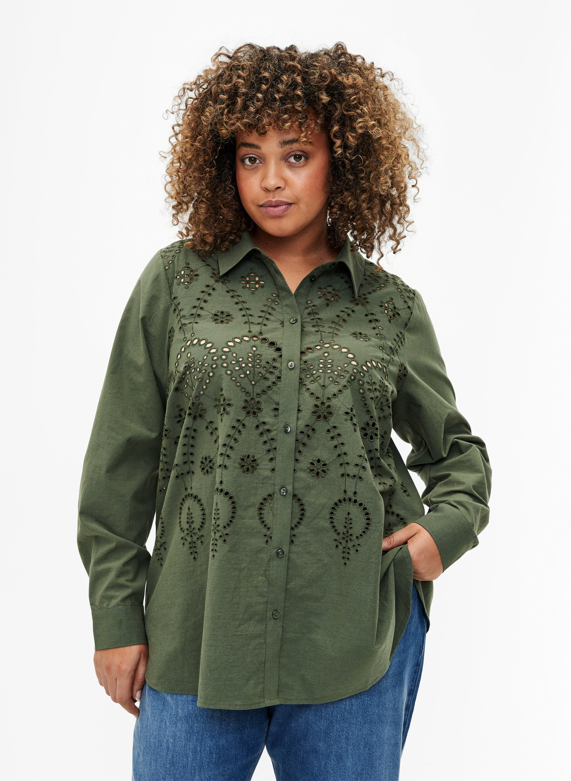 ZizziBaumwollhemd mit Lochstickerei, Thyme, Model image number 0