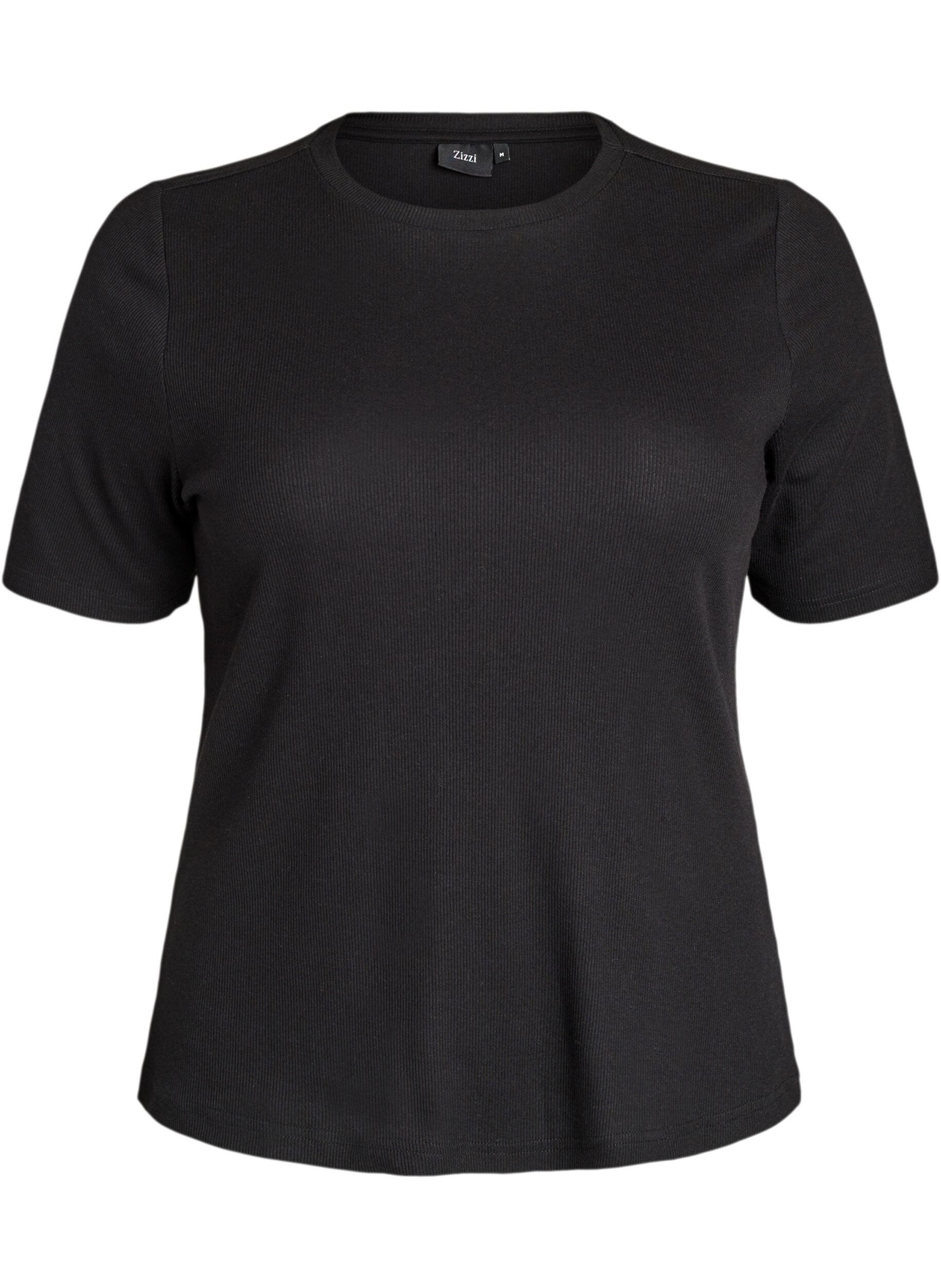 ZizziGeripptes Basic-T-Shirt mit Rundhalsausschnitt, Schwarz, Packshot image number 0
