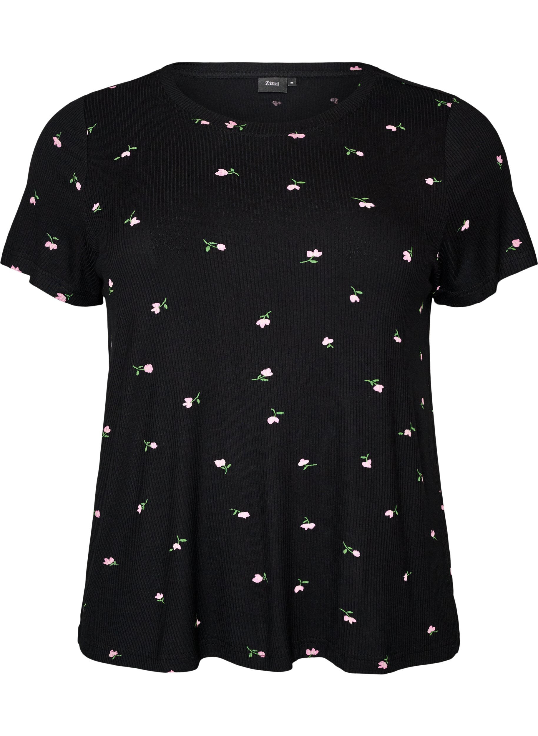 ZizziGebl&uuml;mtes Pyjamaoberteil mit Rippstruktur, Schwarz, Packshot image number 0
