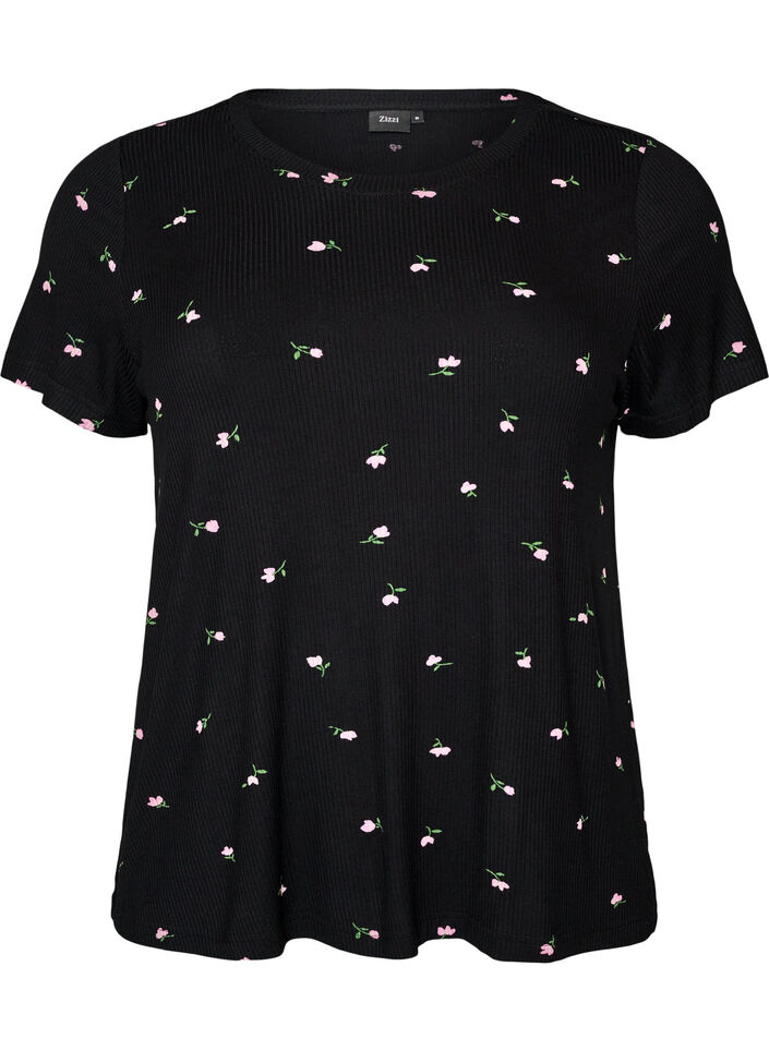 Gebl&uuml;mtes Pyjamaoberteil mit Rippstruktur, Schwarz, Packshot image number 0