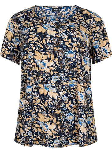 FLASH - Bluse mit kurzen Ärmeln und Print, Brown Blue Flower, Packshot image number 0