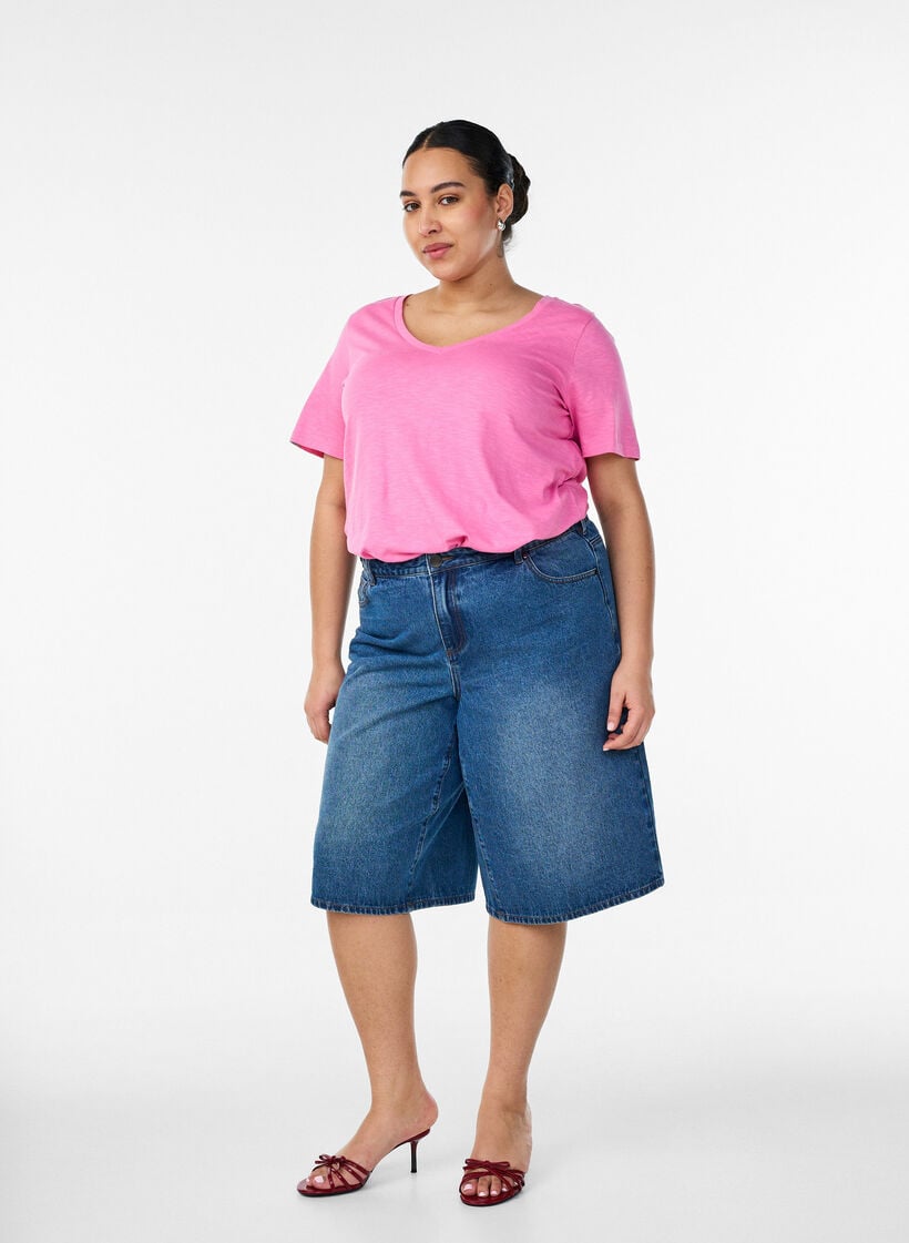 Kurz&auml;rmeliges Basic T-Shirt mit V-Ausschnitt, Pink, Model image number 1