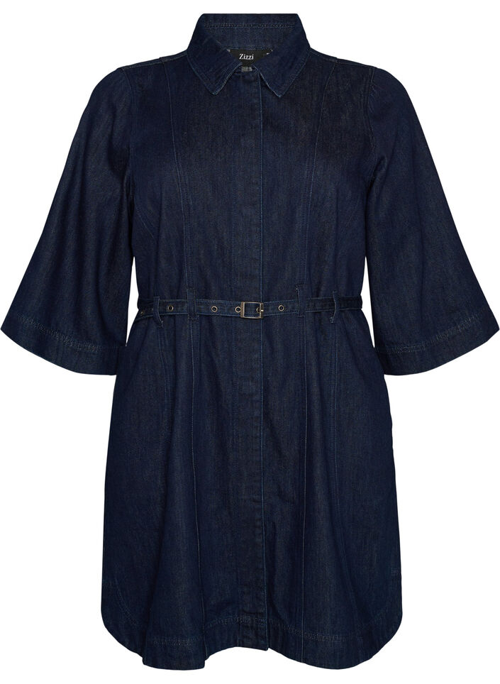 Jeanskleid mit G&uuml;rtel und 3/4-&Auml;rmeln, Blau, Packshot image number 0
