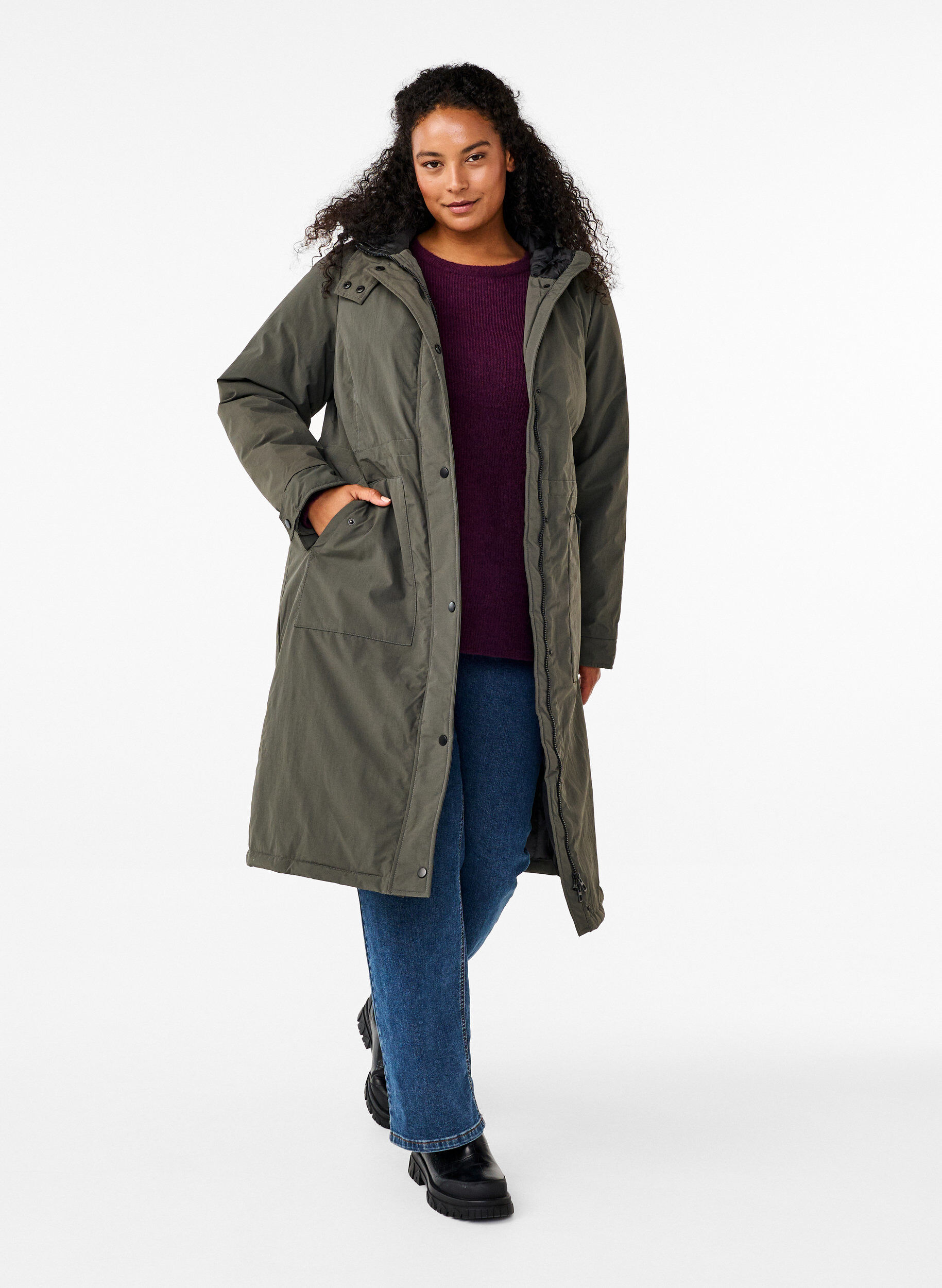 ZizziParka mit Kapuze und verstellbarer Taille, Black Olive, Model image number 1