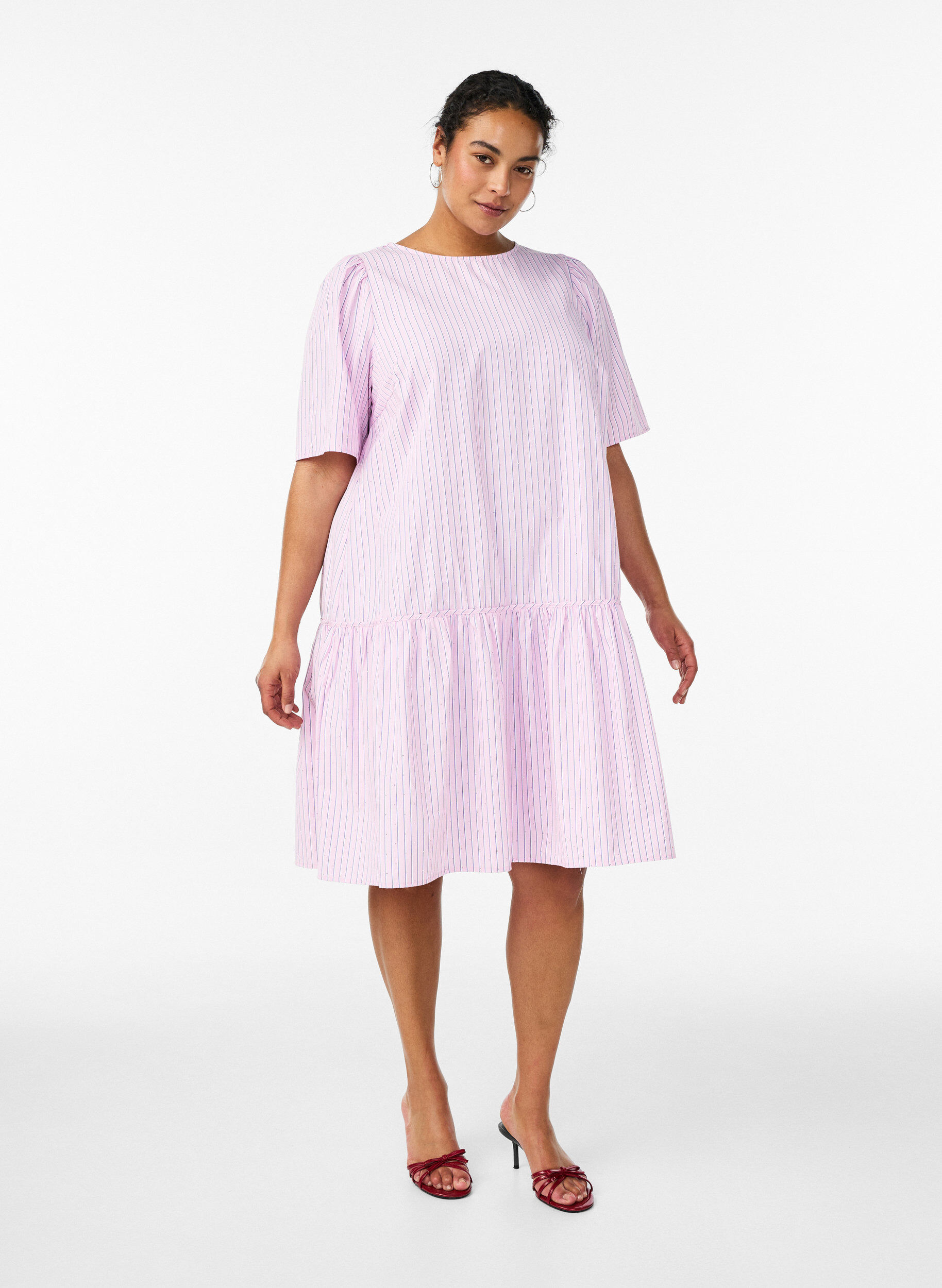 ZizziKnielanges gestreiftes Kleid mit Steinen und Puff&auml;rmeln, Pink, Model image number 1