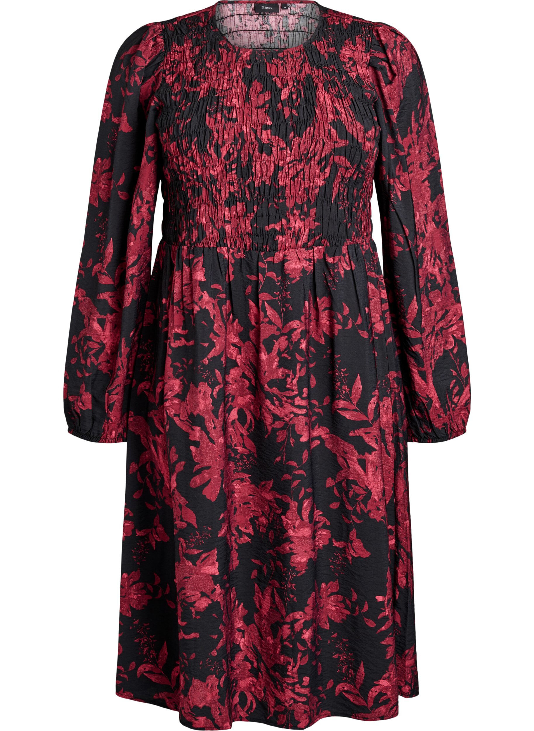ZizziGebl&uuml;mtes Kleid mit Smock-Oberteil, Schwarz, Packshot image number 0