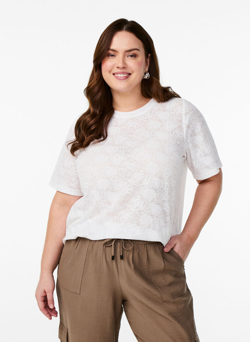 Bluse mit kurzen Ärmeln und Rosenmusterung, Weiß, Model image number 0