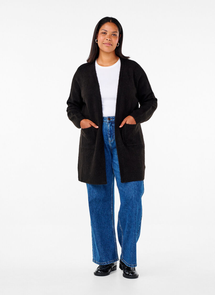 Lange Strickware Strickjacke mit Taschen, Schwarz, Model image number 1