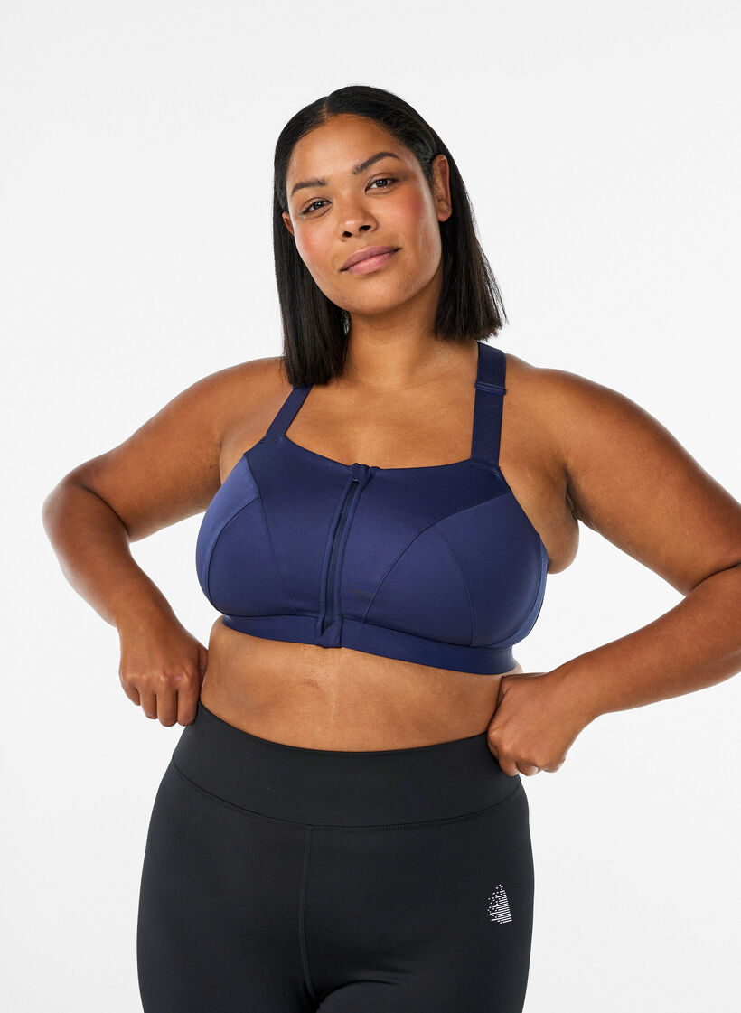 Sport-BH mit Vorderverschluss und hohem Halt, Blau, Model image number 0
