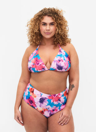 Bikinihose mit Aufdruck und hoher Taille, Pink Flower, Model image number 0