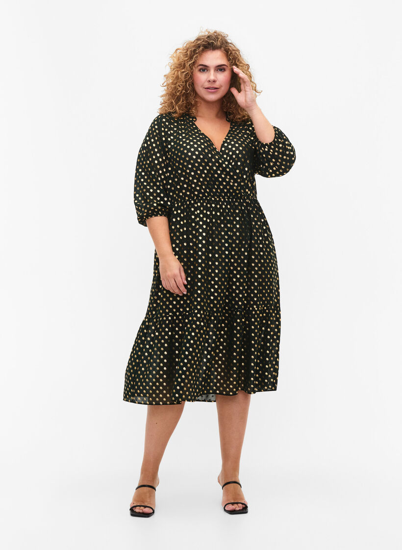 Kleid mit punktiertem Folienprint und 3/4 Ärmeln, Scarab w. Gold, Model image number 2