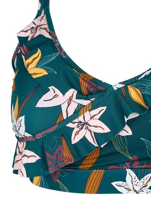 Bikini-Top mit Rüschendetails und Blumenprint, Lily Teal, Packshot image number 2