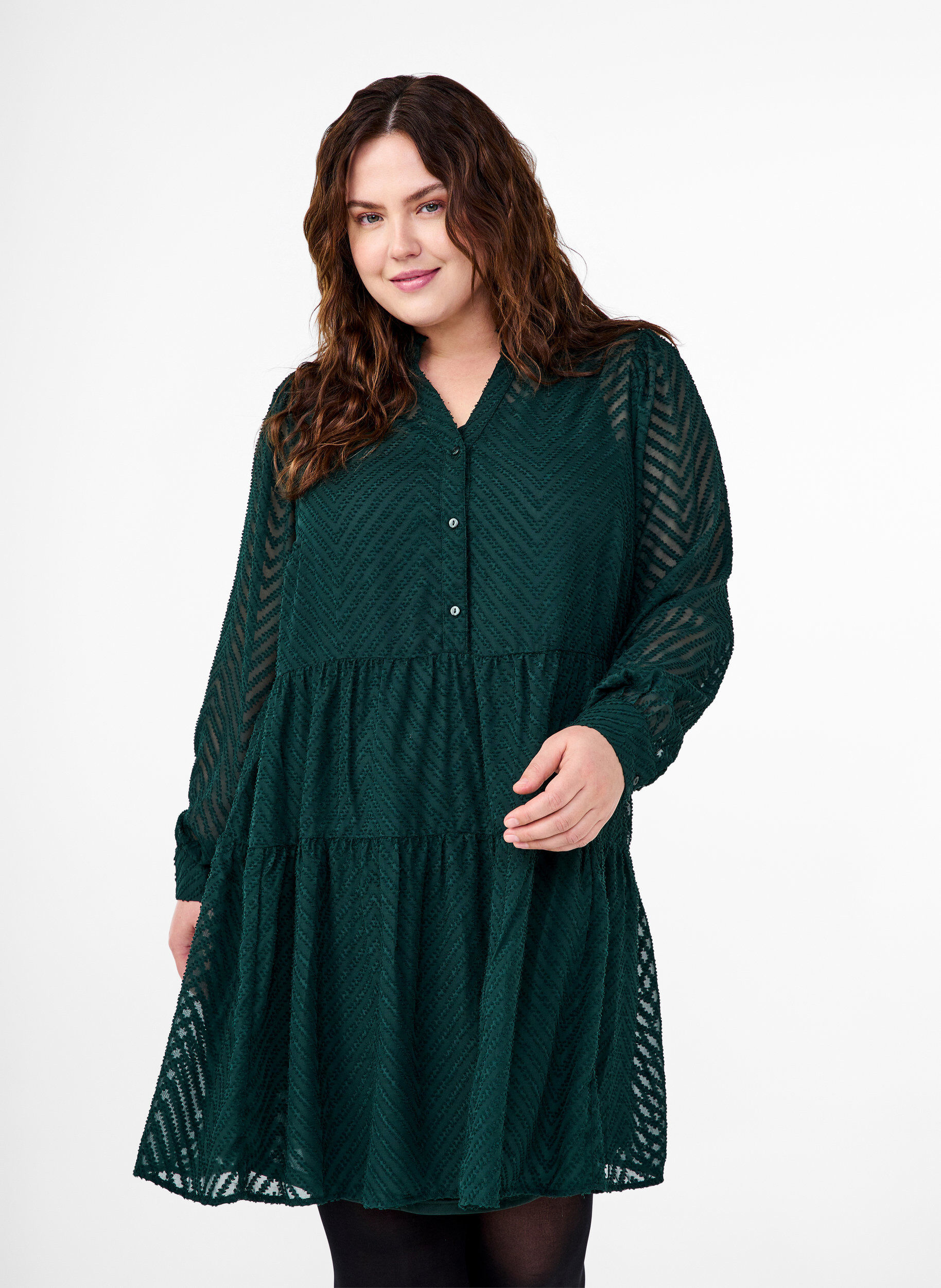 ZizziStrukturiertes kurzes Kleid mit R&uuml;schenkragen, Scarab, Model image number 0