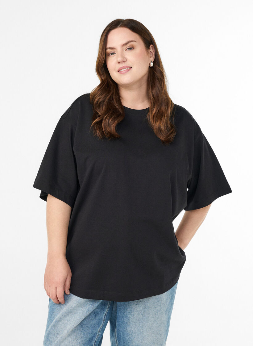 Oversize-T-Shirt mit halben Ärmeln, Schwarz, Model image number 0