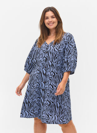 Kleid mit Knöpfen und 3/4-Ärmeln, Blue Zebra, Model image number 0