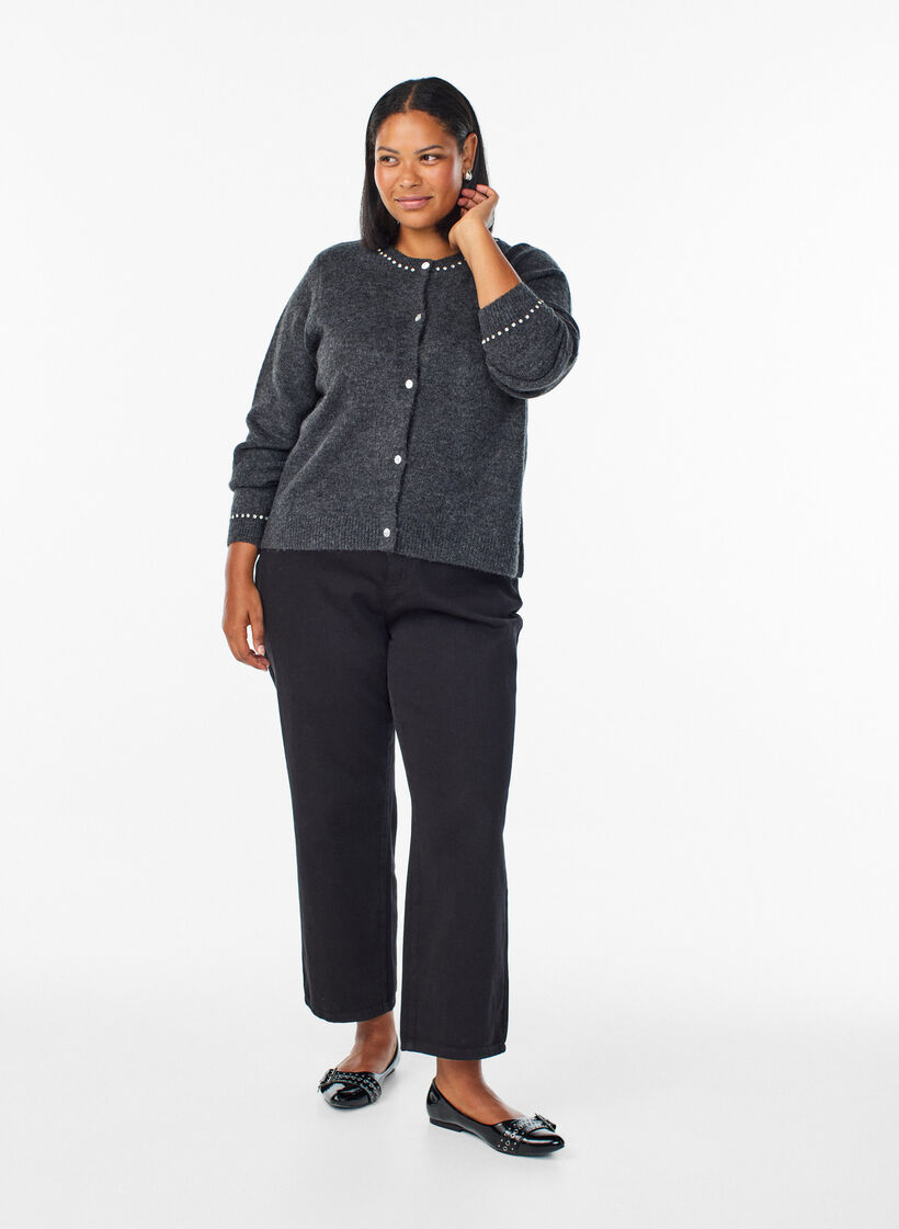 Strickjacke mit Strasssteinen und Zierknöpfen, Grau, Model image number 1