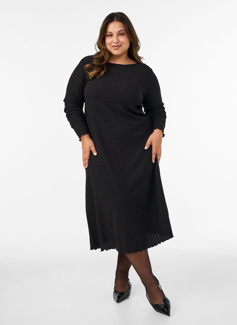 Midi-Kleid mit welliger Struktur und langen &Auml;rmeln, Schwarz, Model image number 1