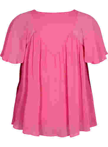Einfarbige Bluse mit Fledermausärmeln und V-Ausschnitt, Shocking Pink, Packshot image number 1