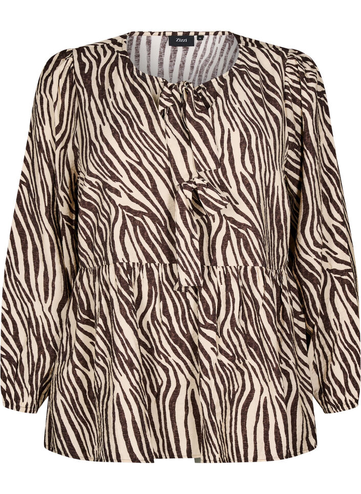 Peplum-Bluse mit Bindedetail und Zebraprint, Braun, Packshot image number 0