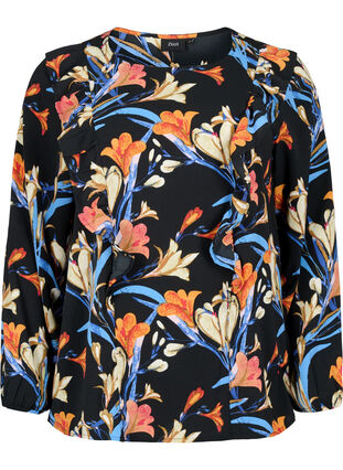 Langärmelige Bluse mit Rüschen, Black Flower AOP, Packshot image number 0