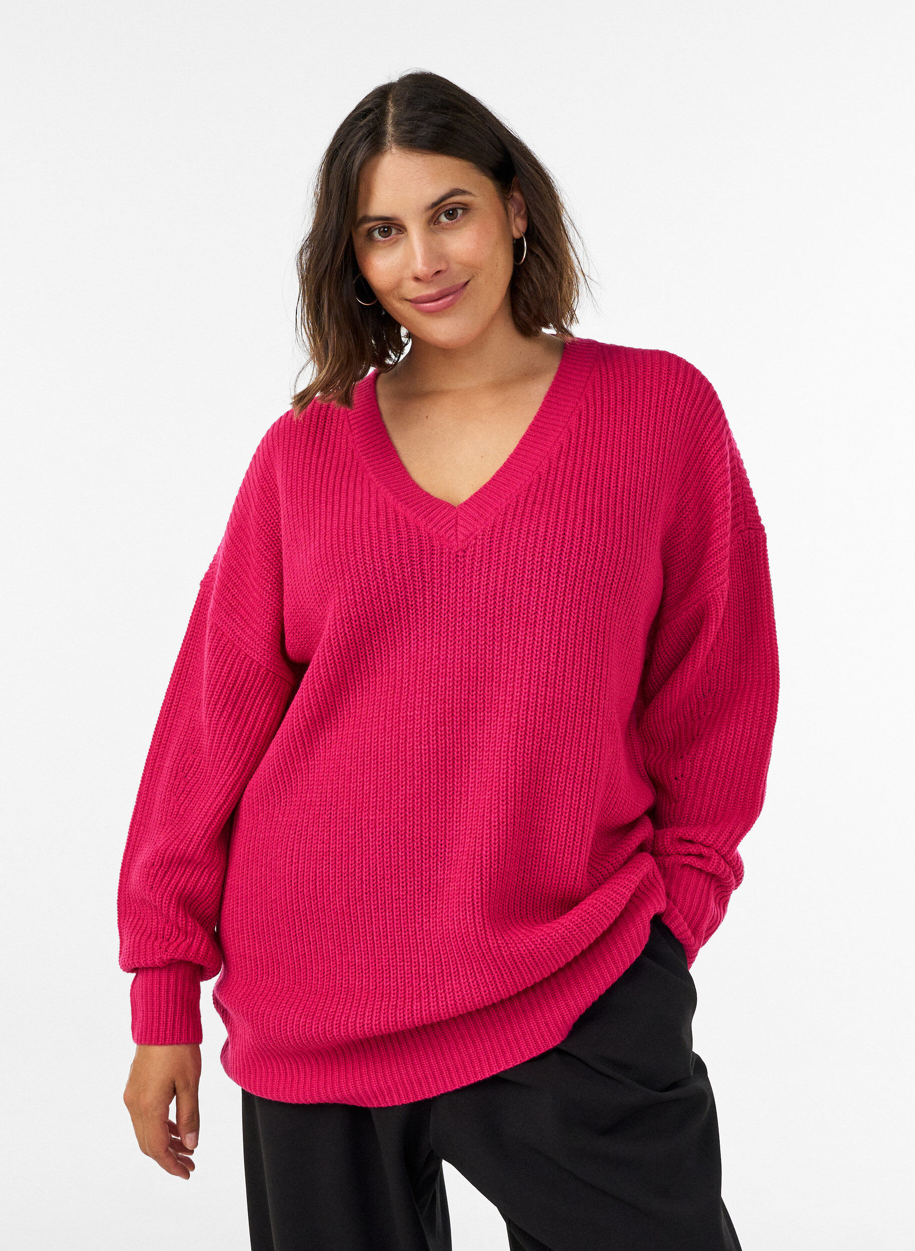 ZizziLange Bluse aus Rippstrick mit V-Ausschnitt, Pink, Model image number 0