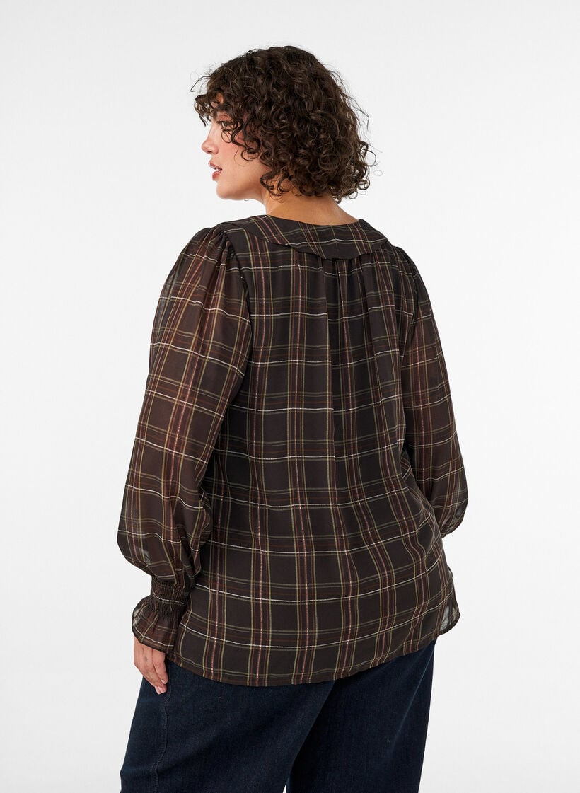 Bluse mit Karomuster und R&uuml;schendetails, Gr&uuml;n, Model image number 2