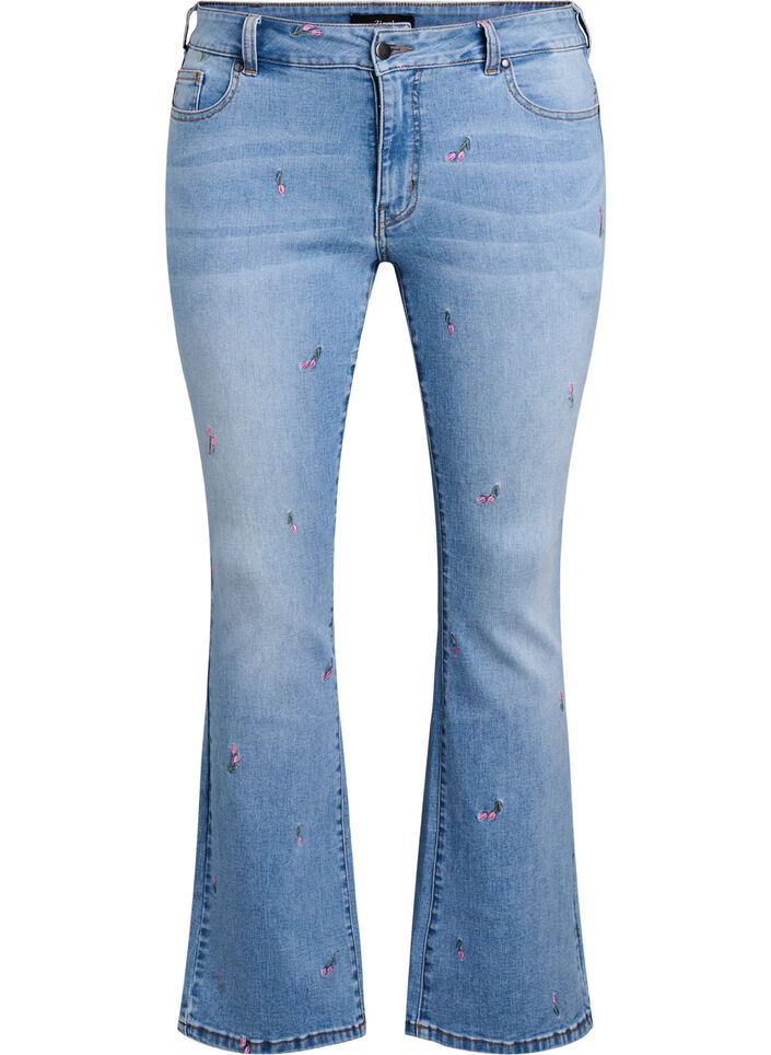 Bootcut Jeans mit gestickten Blumen, Blau, Packshot image number 0