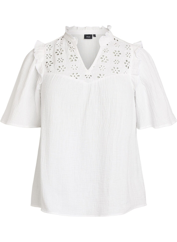 Bluse aus Baumwoll-Musselin mit Broderie Anglaise und 1/2-&Auml;rmeln, Wei&szlig;, Packshot image number 0