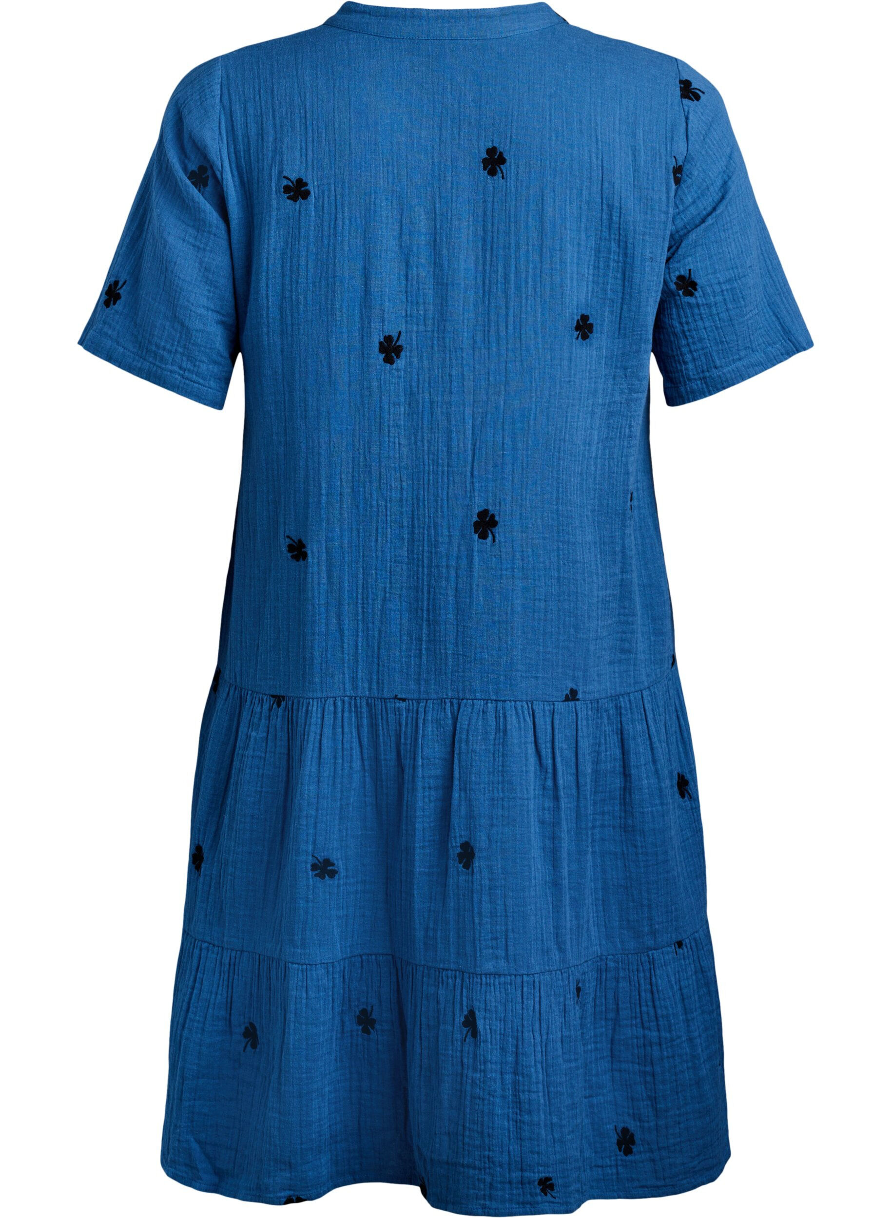 ZizziKleines Kleid aus Baumwollmusselin mit gestickten Blumen, Blau, Packshot image number 1