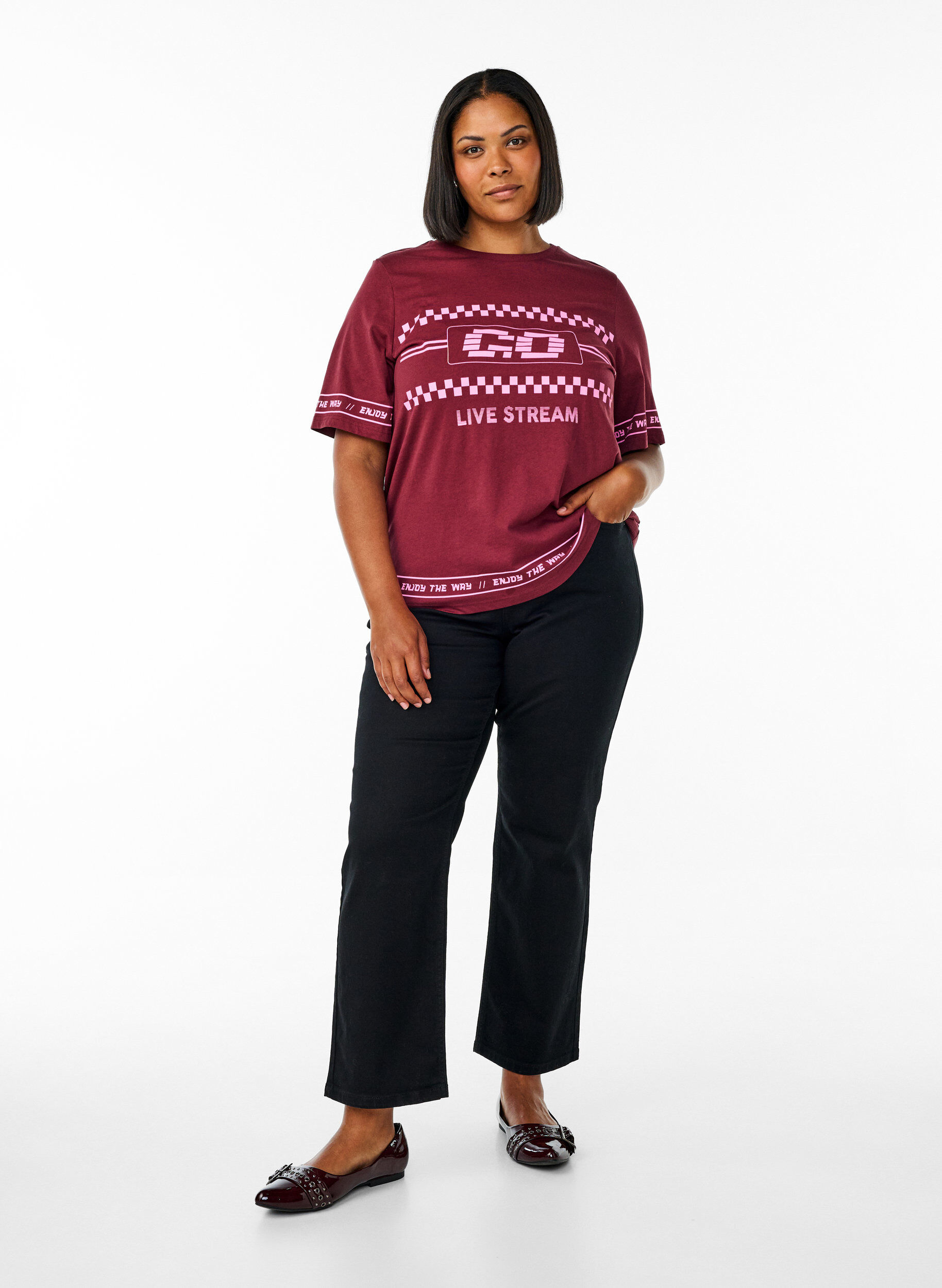 ZizziOversize-Shirt mit sportlichem Print, Dunkles Bordeaux, Model image number 1