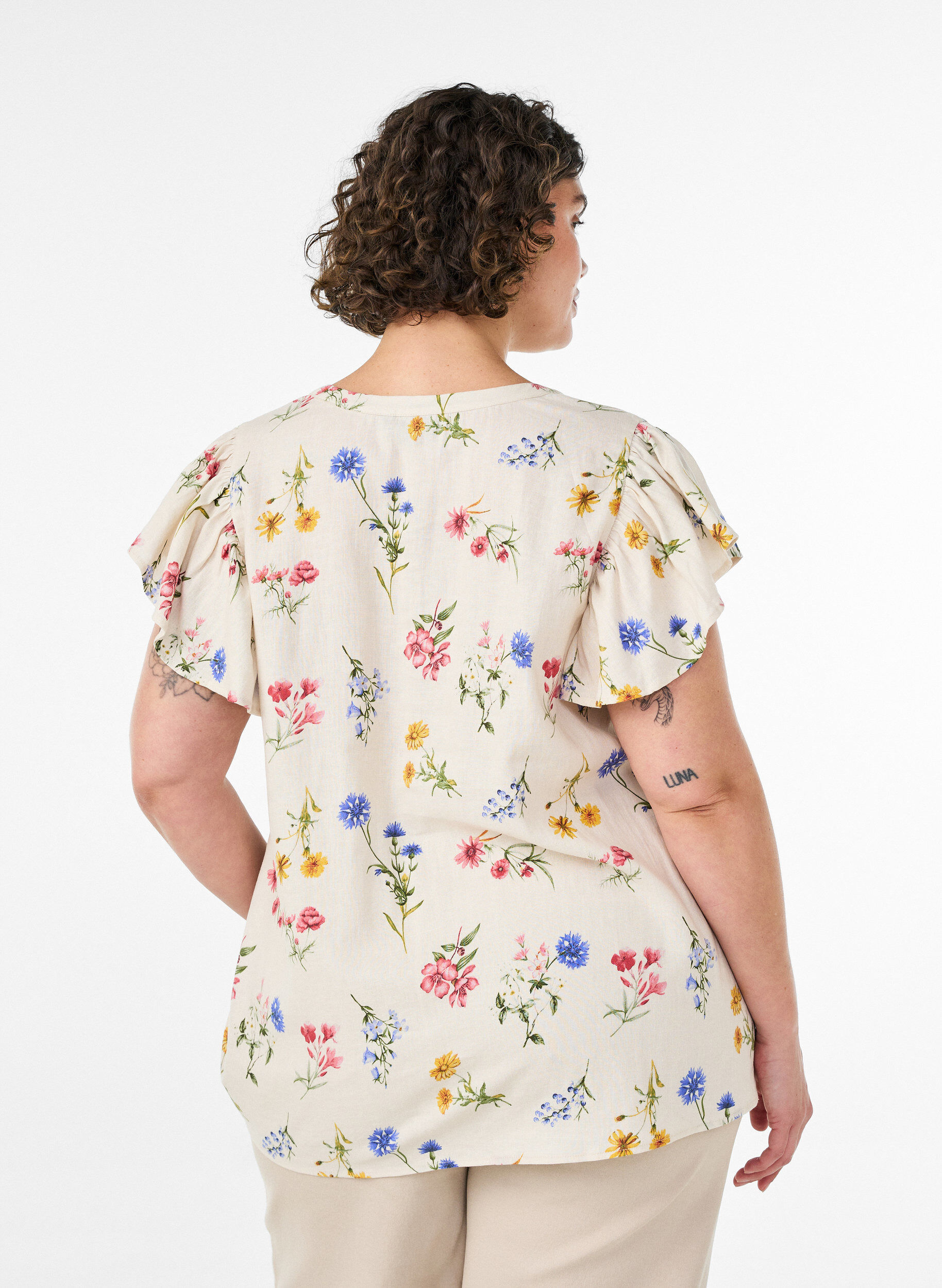 ZizziBluse aus Viskose und Leinen mit R&uuml;schen&auml;rmeln, Beige, Model image number 2