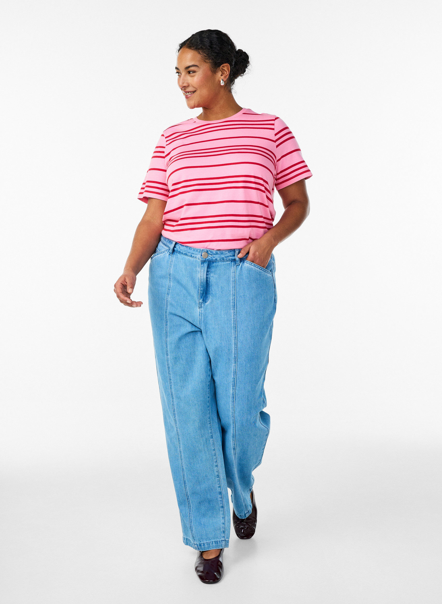 ZizziGestreiftes T-Shirt aus Baumwolle, Pink, Model image number 1