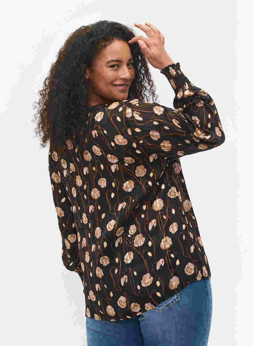 Bedruckte Bluse mit Smock und V-Ausschnitt, Black Flower, Model image number 1