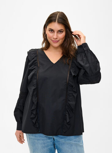 Bluse mit Ruffles und Lace Trim, Black, Model image number 0
