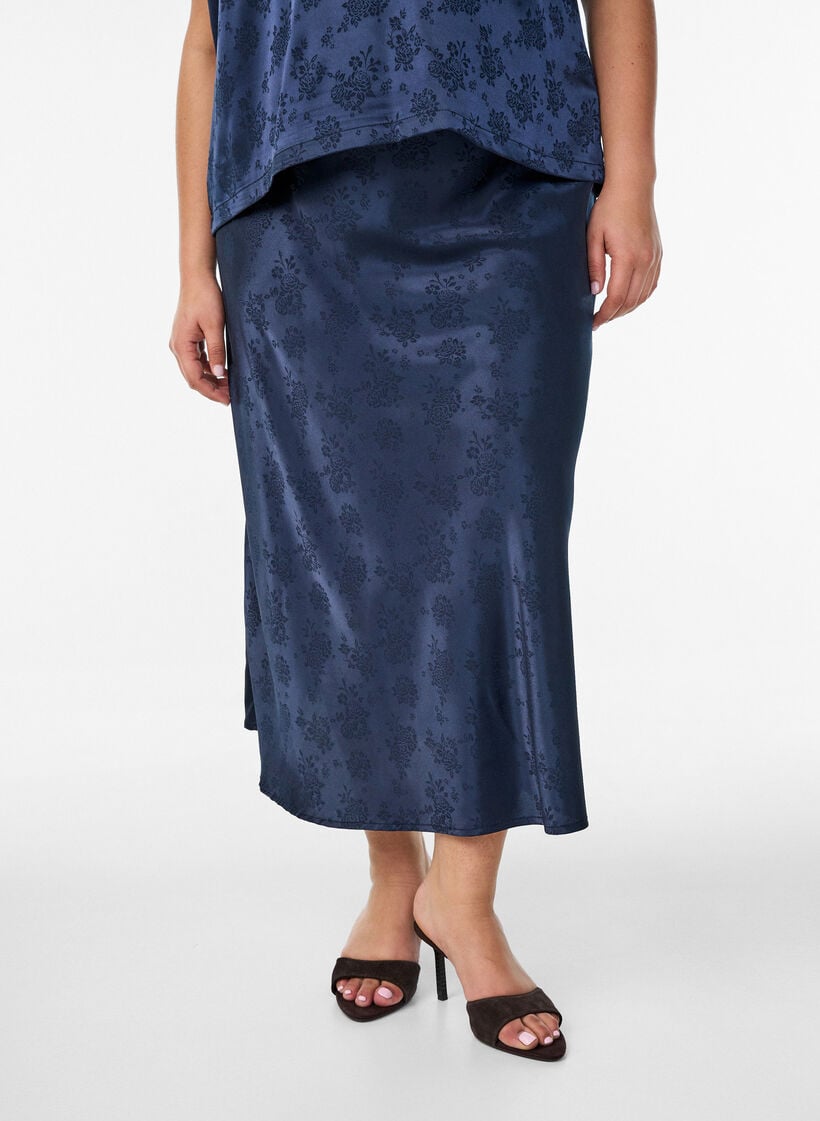 Rock aus Satin mit Ton-in-Ton-Blumenmuster, Blau, Model image number 2
