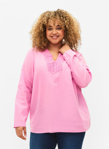 Bluse aus Baumwolle mit Häkeldetail, Begonia Pink, Model image number 0