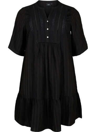 Gestreiftes Viskose Kleid mit Spitzenbändern, Black, Packshot image number 0