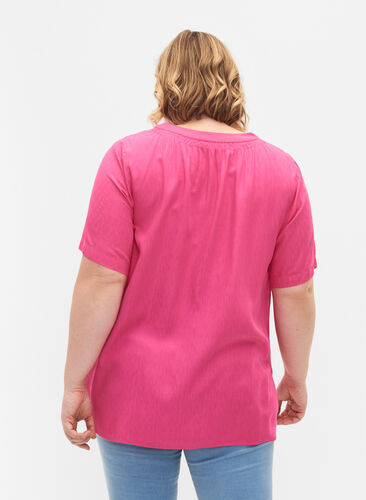Kurzärmlige Viskosebluse mit V-Ausschnitt, Shocking Pink, Model image number 1